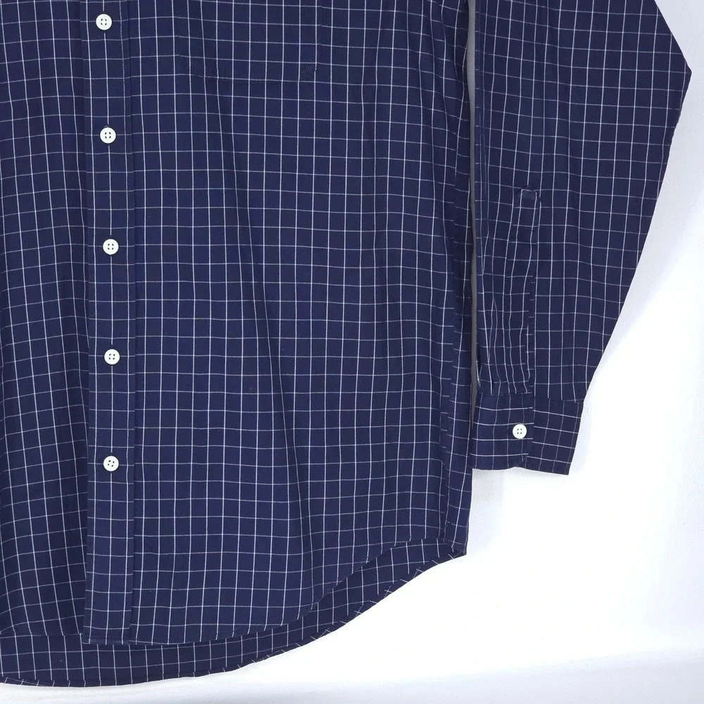 LL Bean Button Down Shirt Mens Large Navy Blue Check Long Sleeve Office Business - Picture 11 of 15